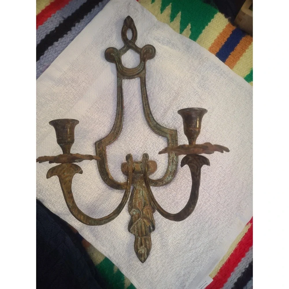 Vintage Cast Metal Double Candle Wall Sconce Ornate Verdigris Patina Rustic